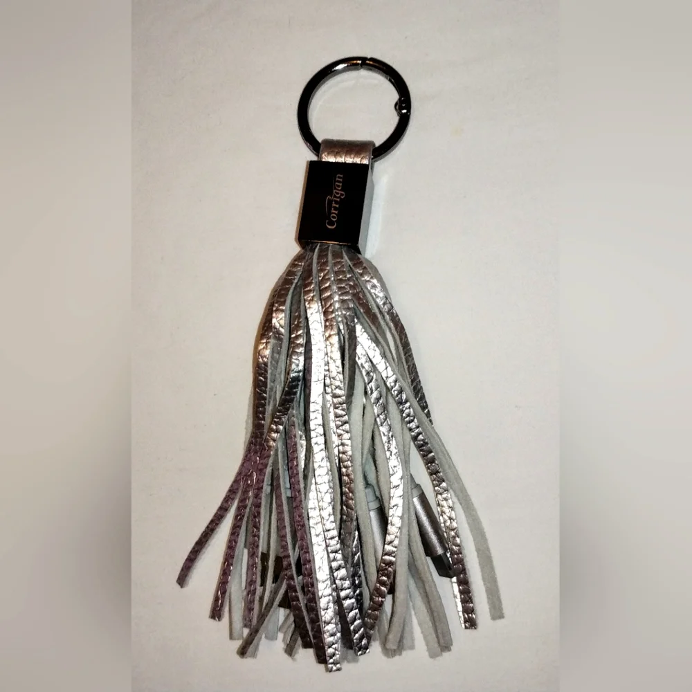 Multi Charger Cable Silver Leather Tassel Keychain UBS Micro USB & iPhone NWOT